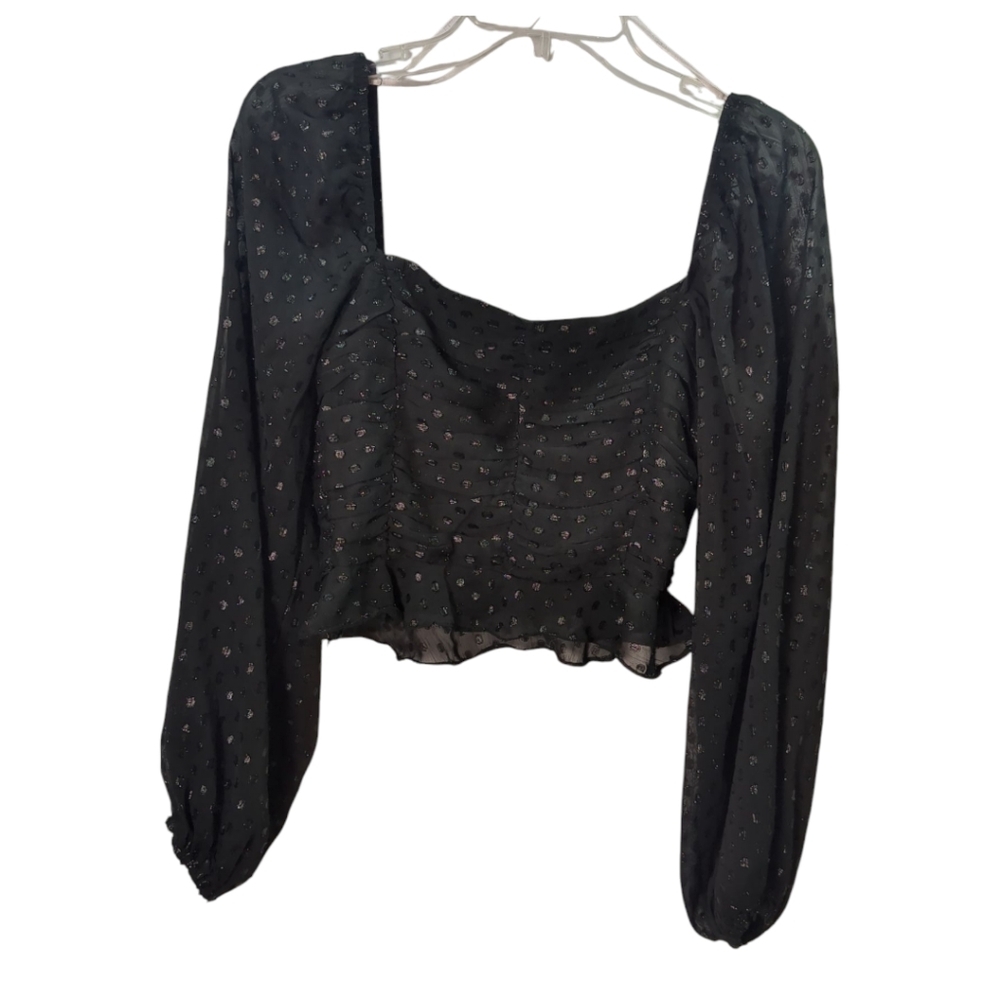 Lulu's Totally Charmed Black Ruched Clip Dot Balloon Sleeve Top Size Small - Picture 8 of 8
